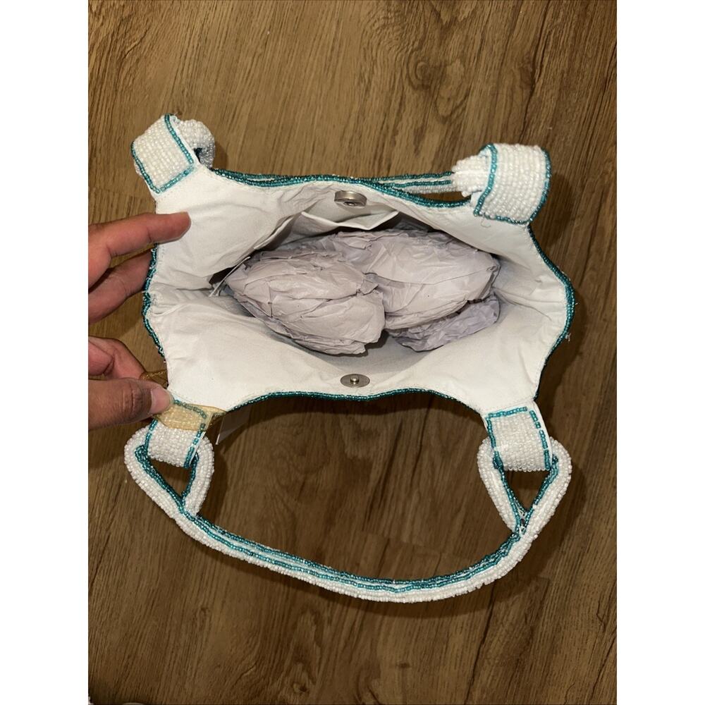 Turquoise & White Striped Beaded Bag Handbag NWT M ade in India - Picture 3 of 5